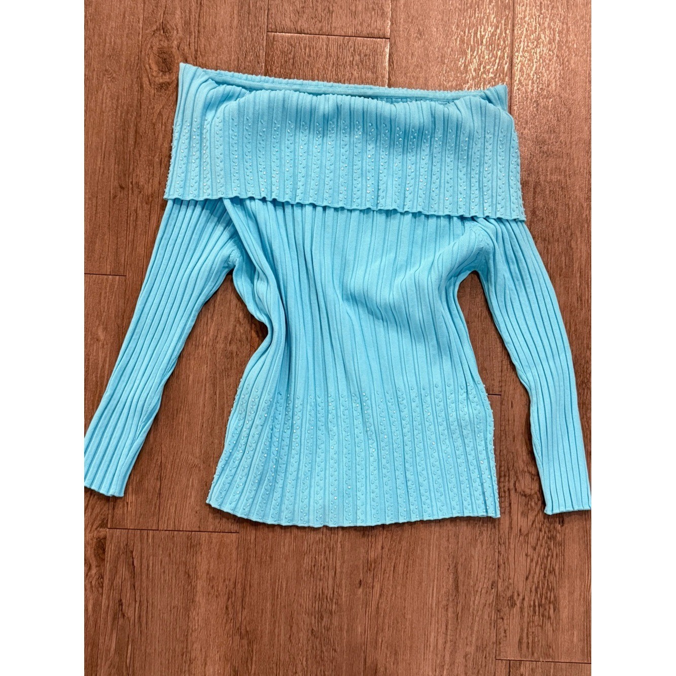 Vintage Y2K 2000s Off-shoulder Ribbed Knit Top Light Blue