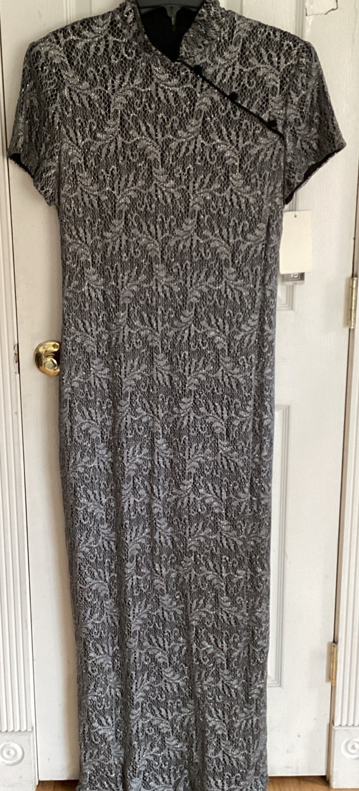 Vtg Jessica Howard Metallic Silver And Black Lace Maxi Dress Size 14 NWT
