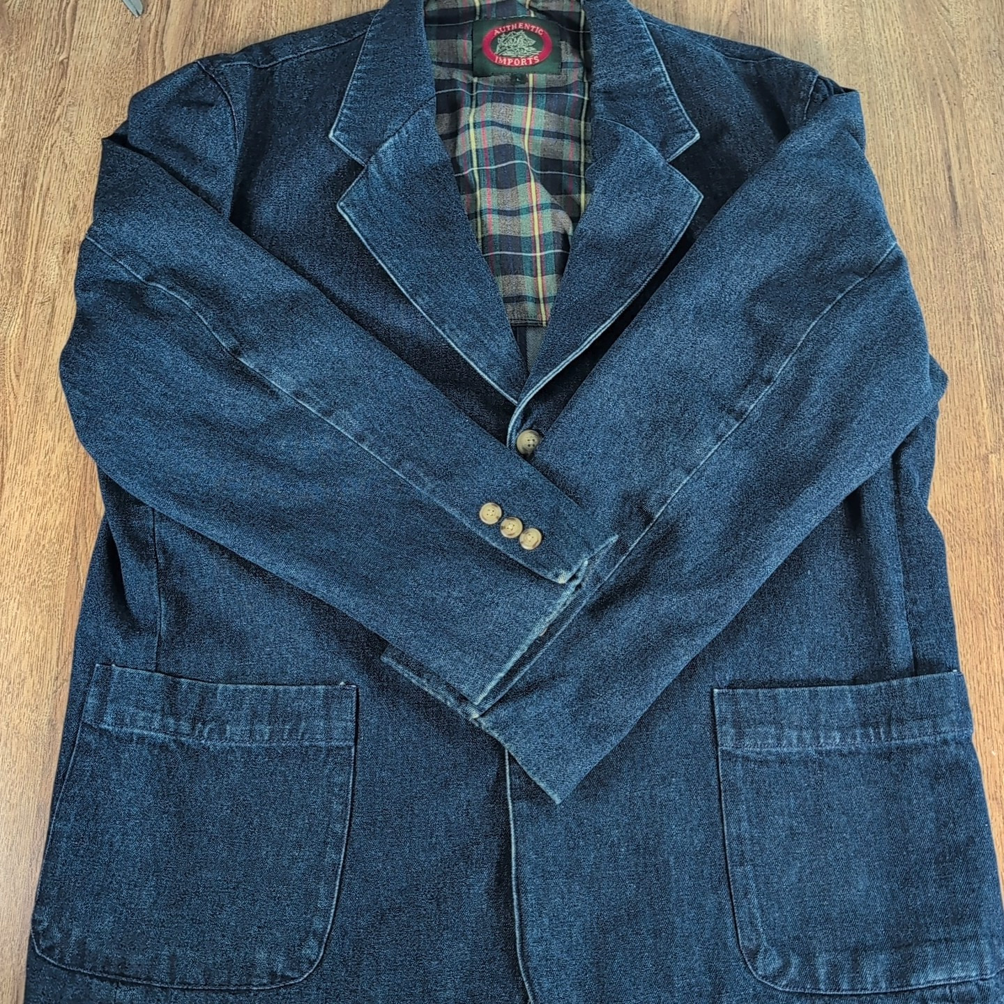 90s Authentic Imports Coat Women’s L Blue Denim Flannel Lined Leather Collar VTG