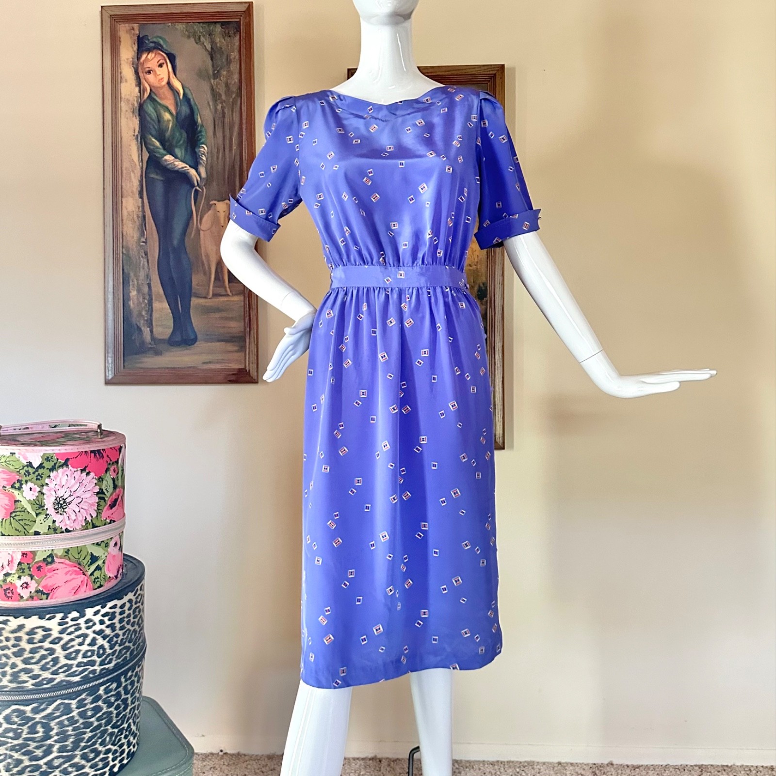 Vintage 1980s New Wave Squares Purple Secretary Day Dress Cute Button Side! S