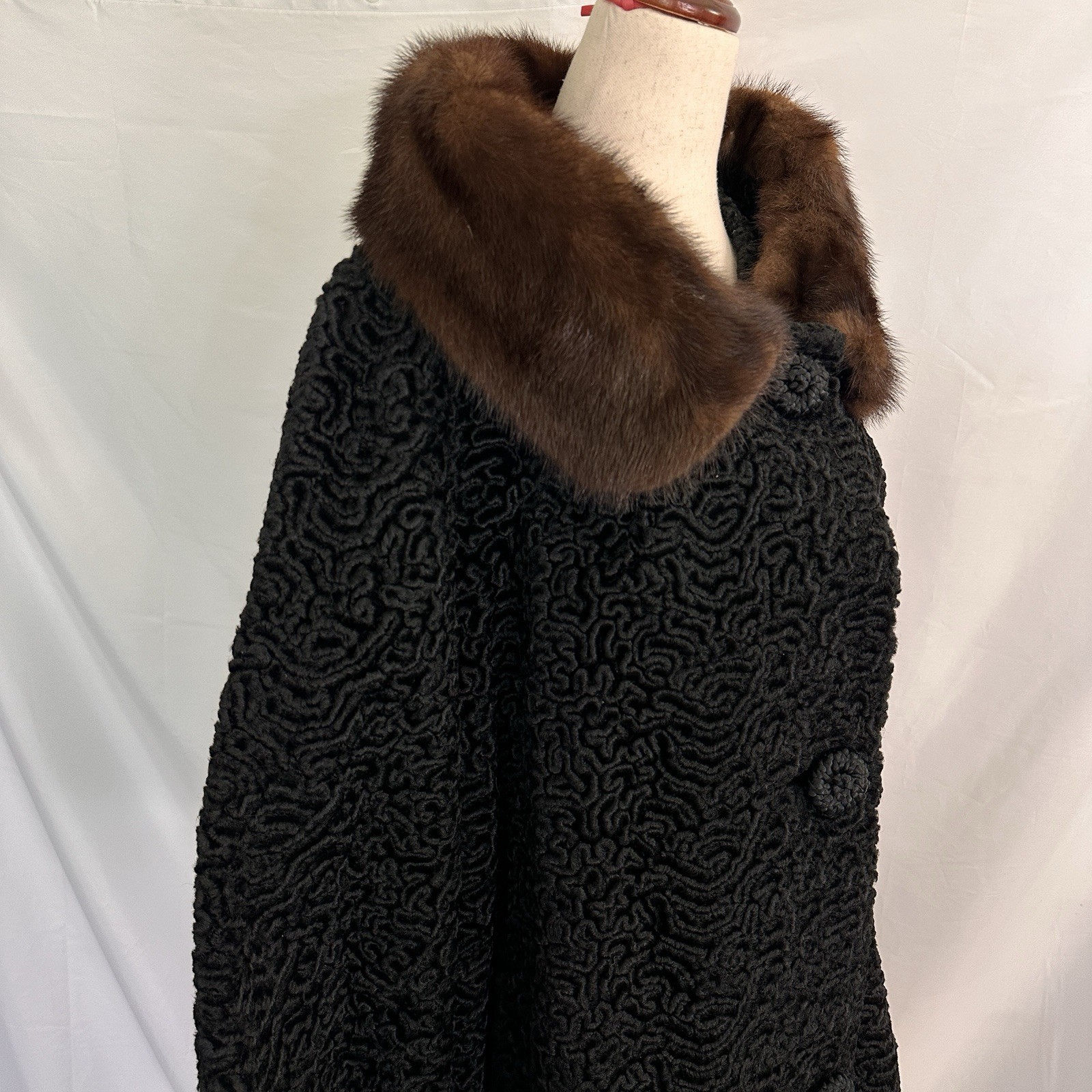 60s VINTAGE Astrakin Black Curly Lamb Coat Mink Collar L/XL Womens