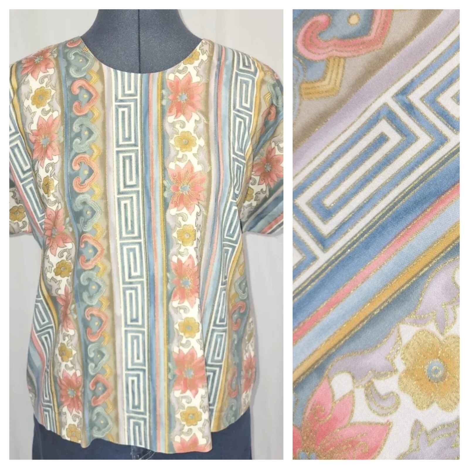 Vtg Requirements Blue/Coral/Gold/Grey Floral & Geometric Pattern Blouse Sz L/14?