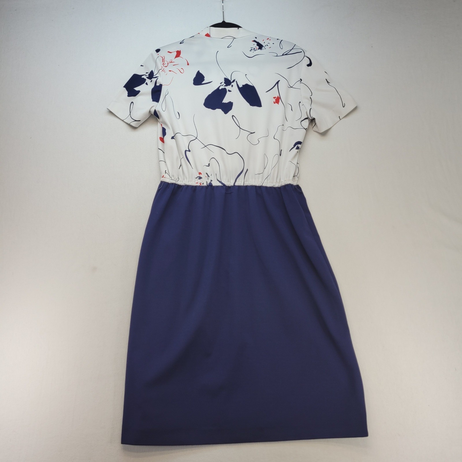 Lady Carol Dress Womens M Blue White Vintage Pussy Bow Floral Midi Short Sleeve