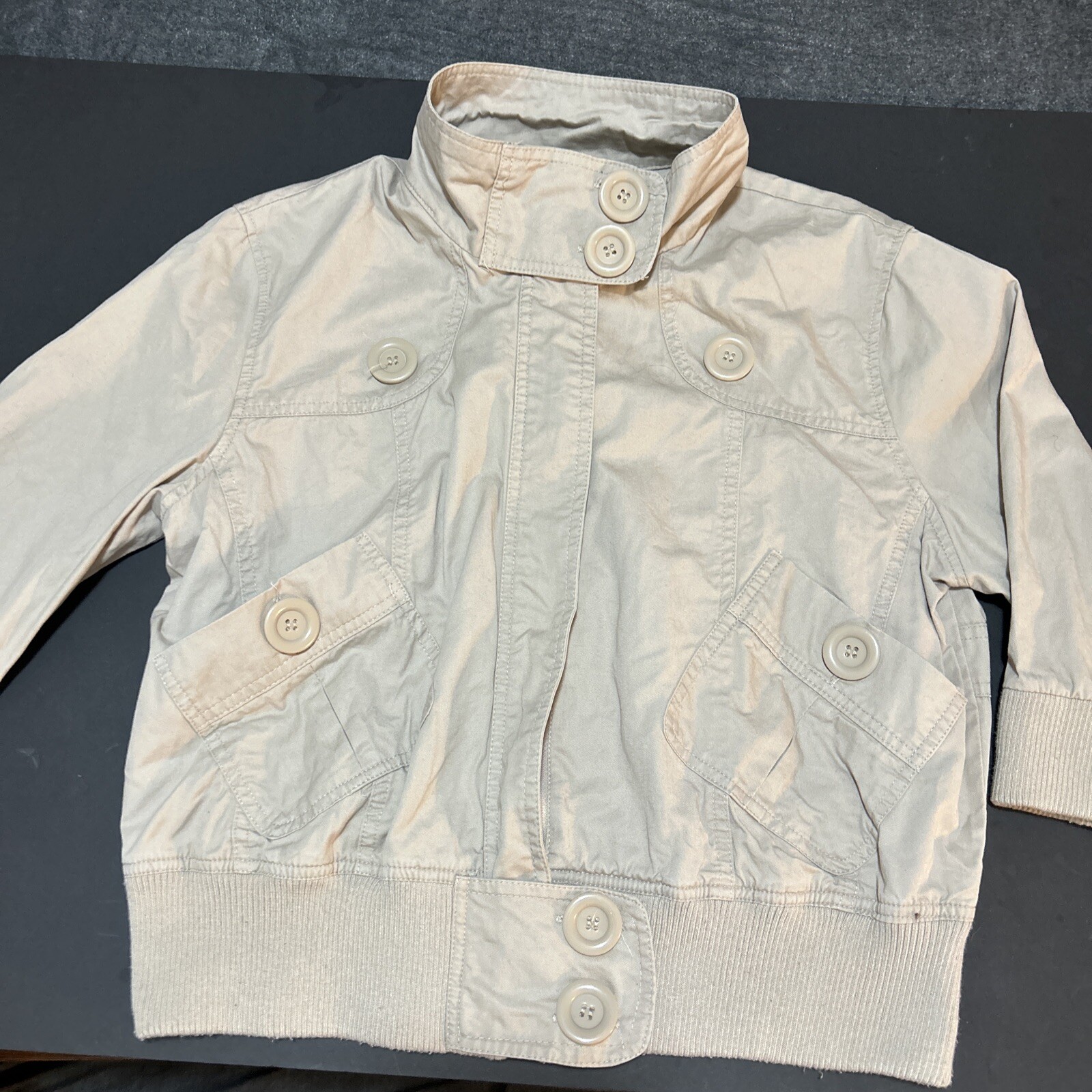 Rue21 Beige Short Cropped Jacket 3/4 Sleeve Size XL 6 Large Buttons Two Pockets