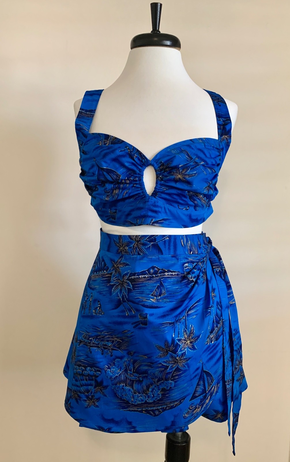 1940s Rockabilly Pinup Swimsuit Shorts, Bikini Top & Wrap Skirt — Hawaiian Print