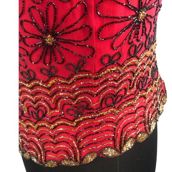 VTG Red/Black/Gold Stunning 90’s Adrianna Papell Evening Silk Beaded Top Sz XL