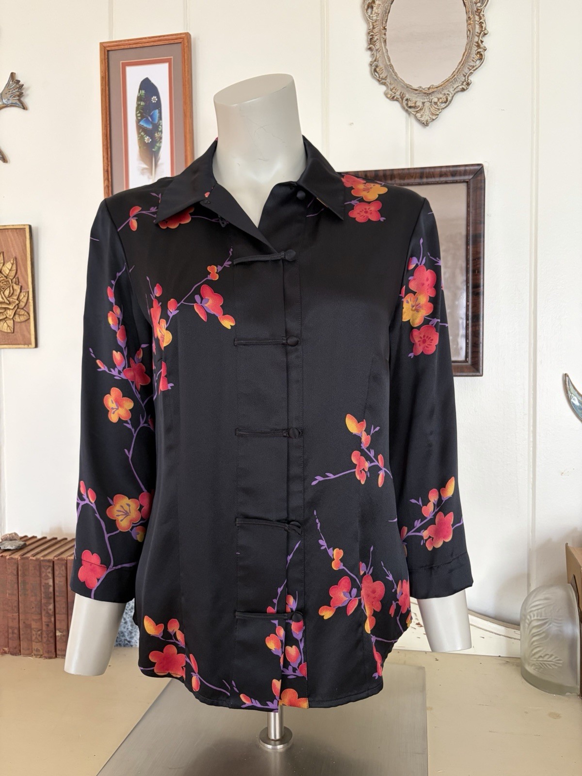 VTG 90s Carlisle Black Cherry Blossom floral Silk Asian frog Chinese Blouse 2