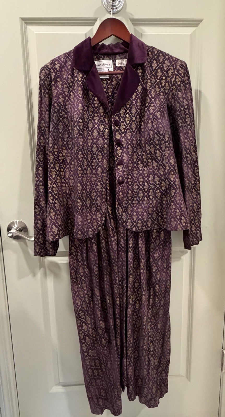 Vintage Karin Stevens Vested Maxi Dress, Gothic Purple & Gold, Velvet Collar XL
