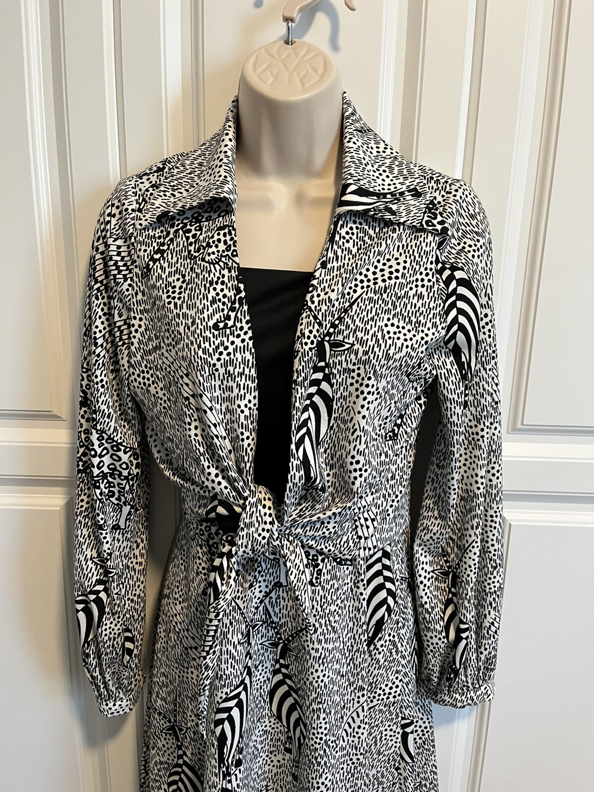 Vintage Caron Black & White Dress & Blouse Jacket Tie Front Matching Belt Small
