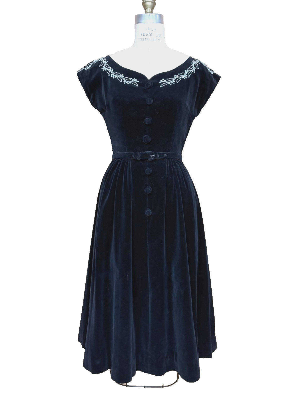 VTG 40s 50s MINX MODES Velveteen Dress Cord Embroidery Rhinestone Boat Neck XS