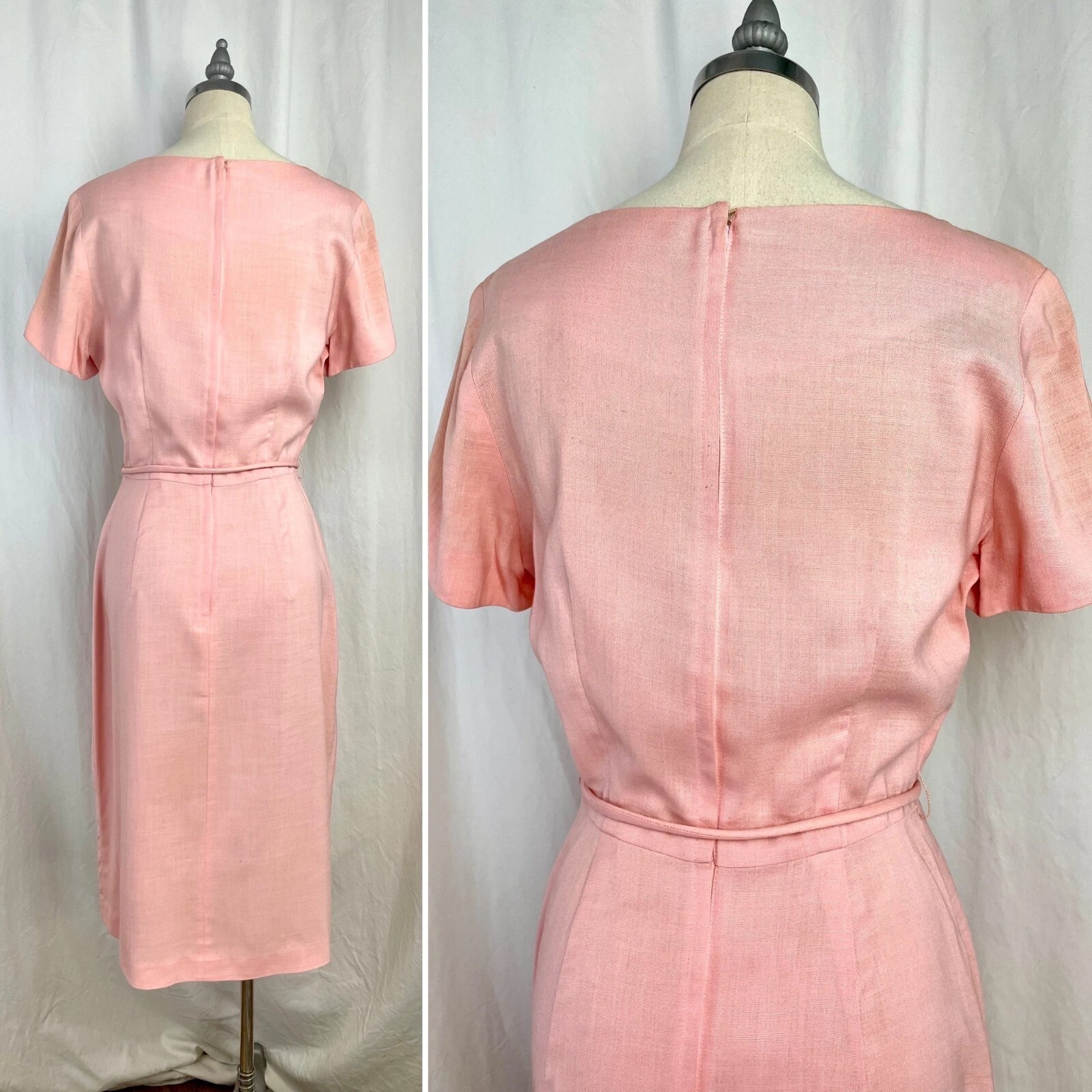 Vintage 60s Small Fashionmaker Original pink with soutache waist belted Dress