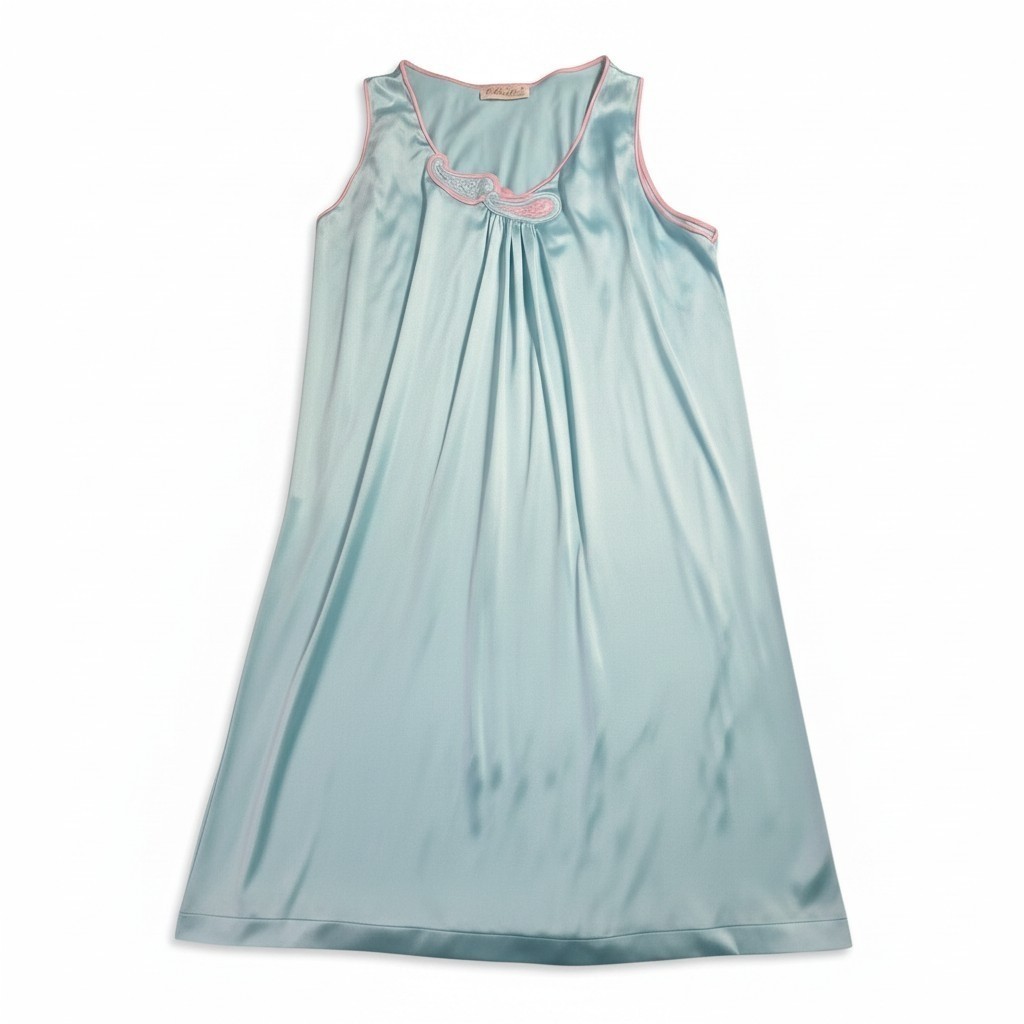 Vtg JCPenney Collectibles Aqua Blue Nylon Tricot Nightgown Embroidered Sz L