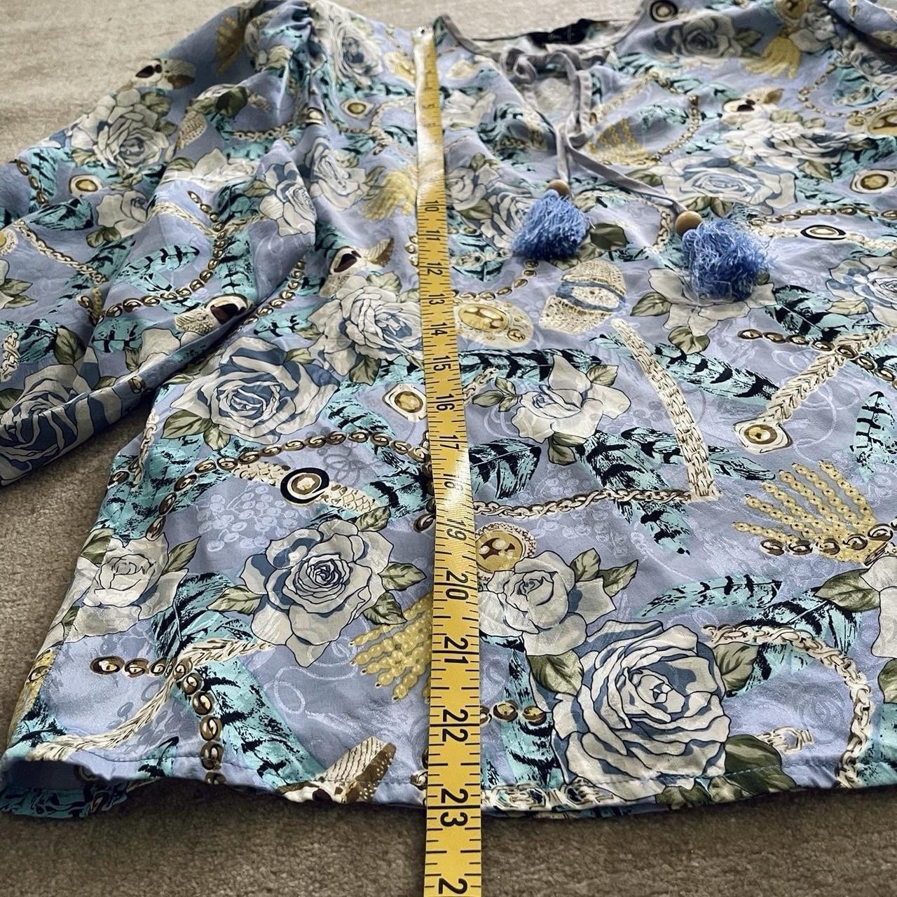 Diane Freis Vintage 100% Silk Floral Balloon Sleeve Blouse Blue White Gold