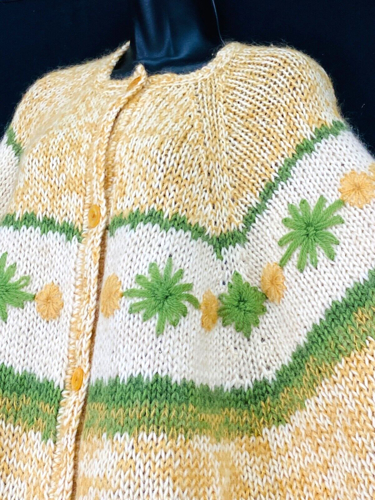 Vintage 1970s floral poncho, cape embroidered fringe knit white cream wool
