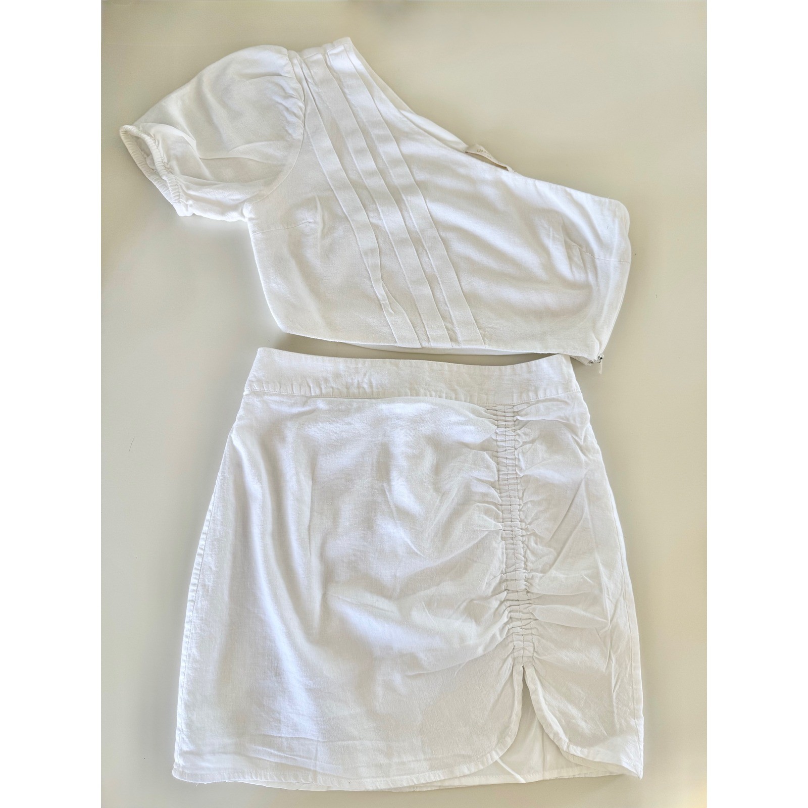 Two Piece Set Womens PP White Linen One Shoulder Puff Top Ruched Mini Skirt