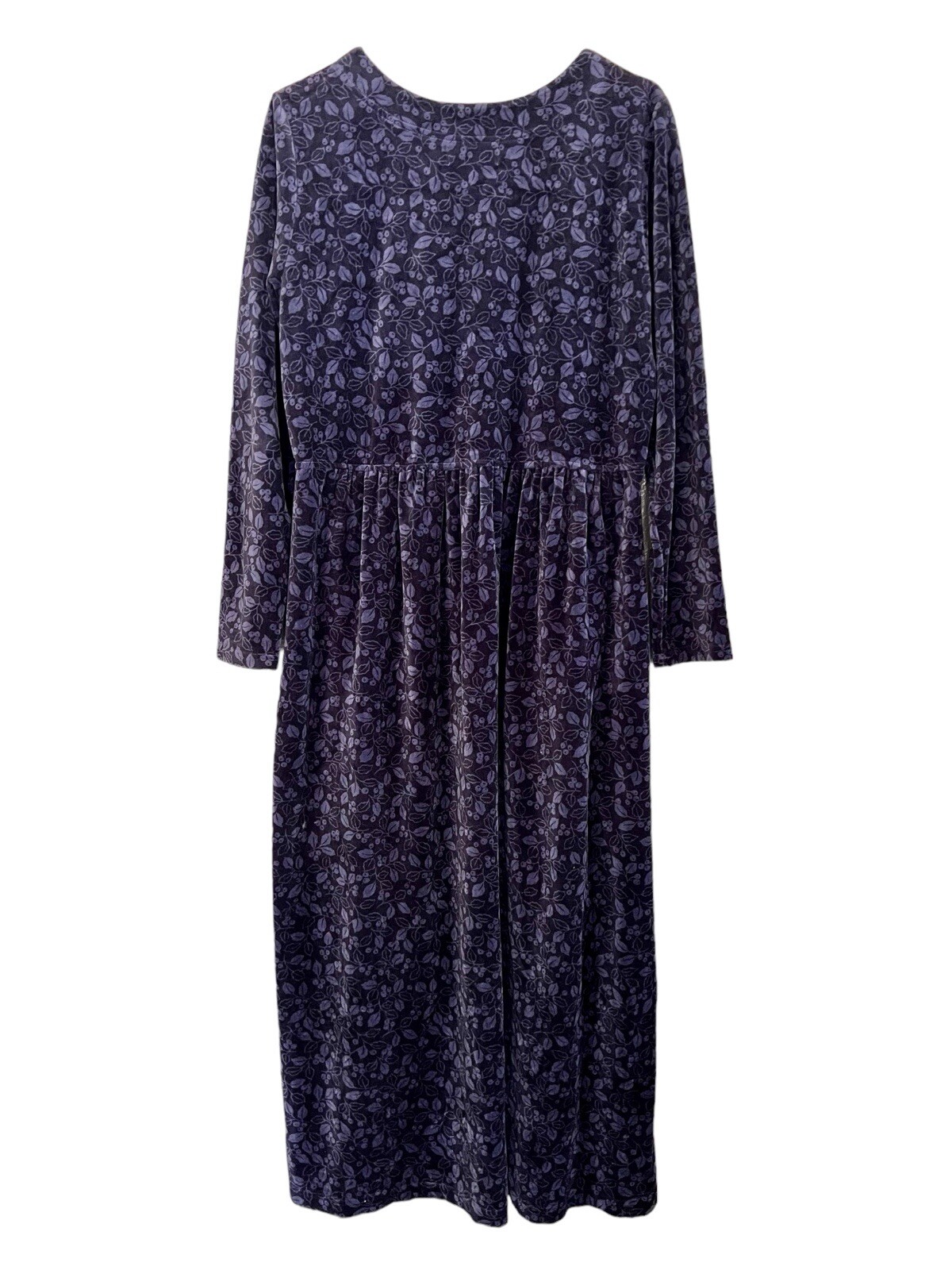 Vintage 90s LL Bean Dress Womens S/M Blue Floral Berries Pullover Midi Velour