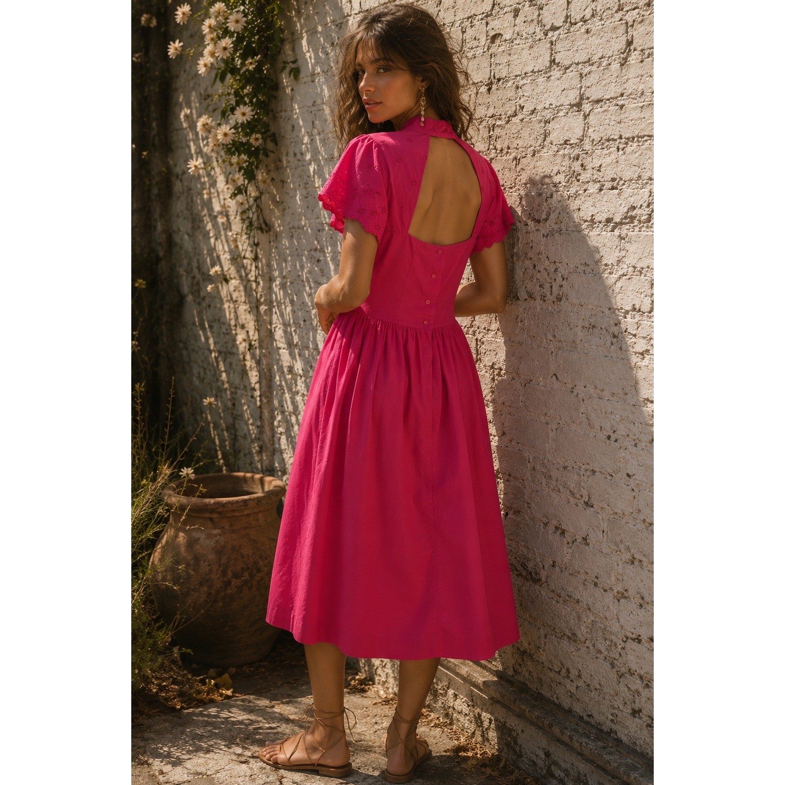 Vintage Impromptu Pink Cotton Midi Dress Eyelet Sleeve Open Back Size 14