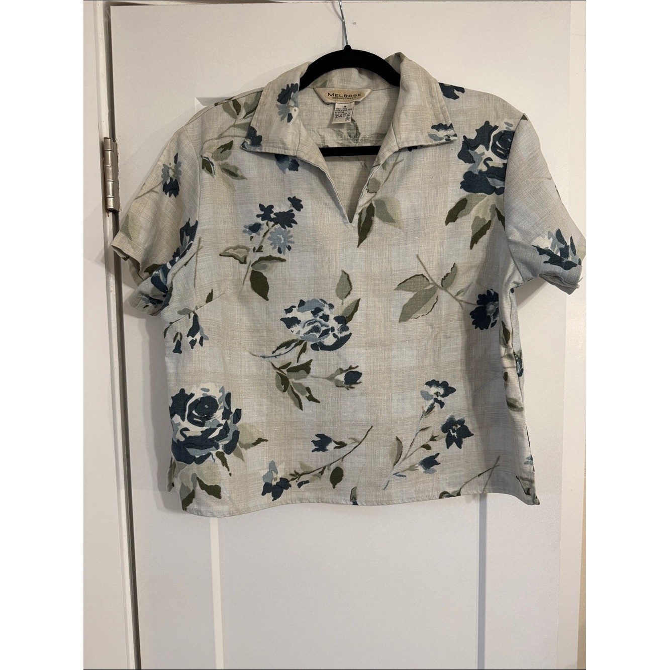 VTG 80s Floral Short Sleeve Cropped Blouse Blue Green 100% Linen Relaxed Collar