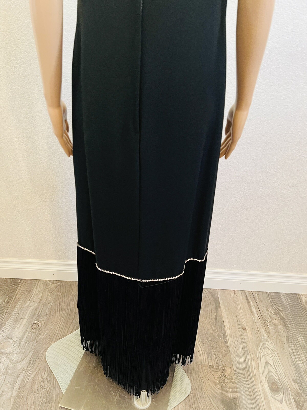 VTG 1960s Pavillon Design Black Evening Gown Maxi Dress Fringe & Rhinestones M*