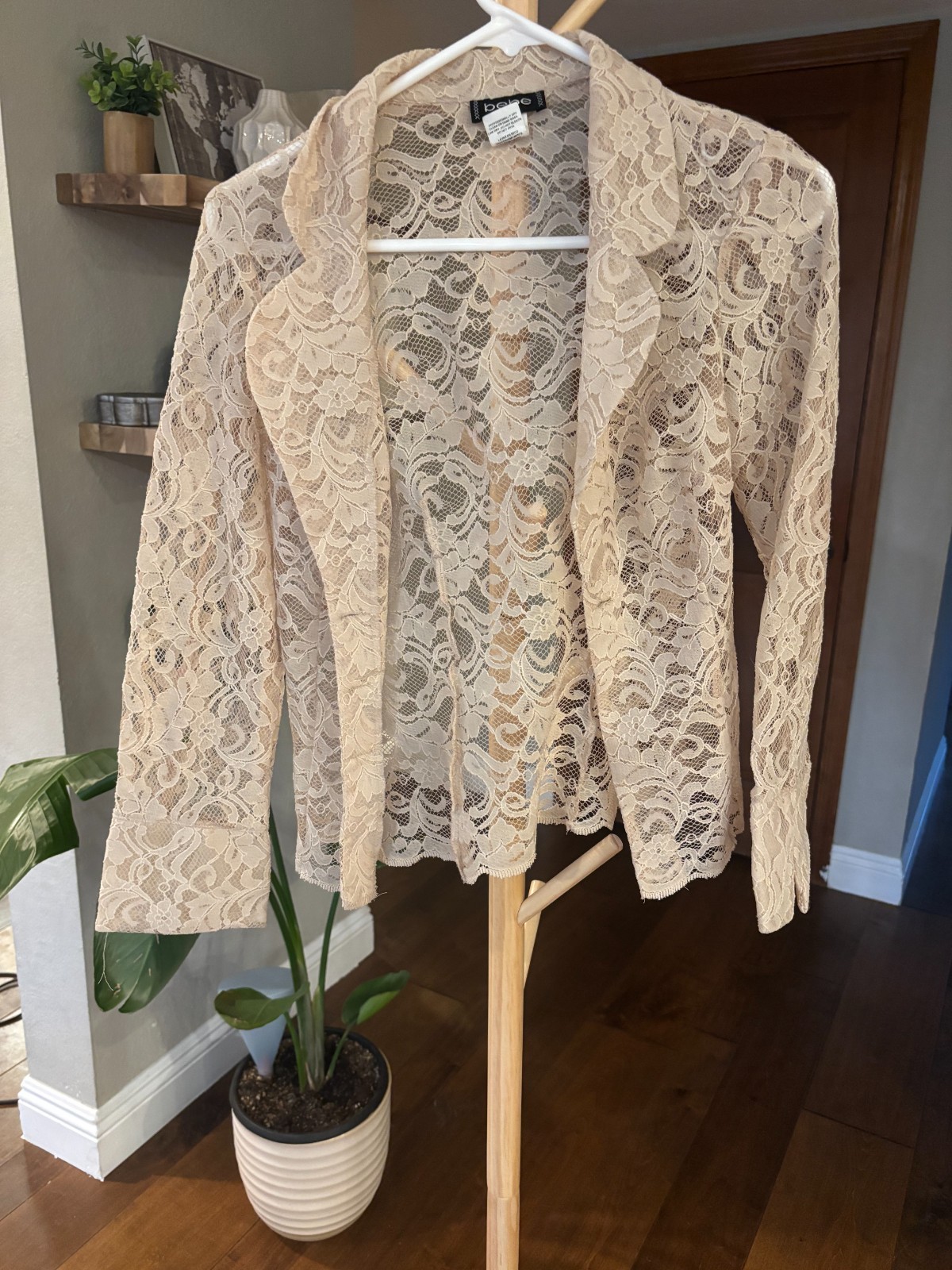 Vintage Y2K bebe Lace Open Front Cardigan Jacket Small Cream Notch Collar USA