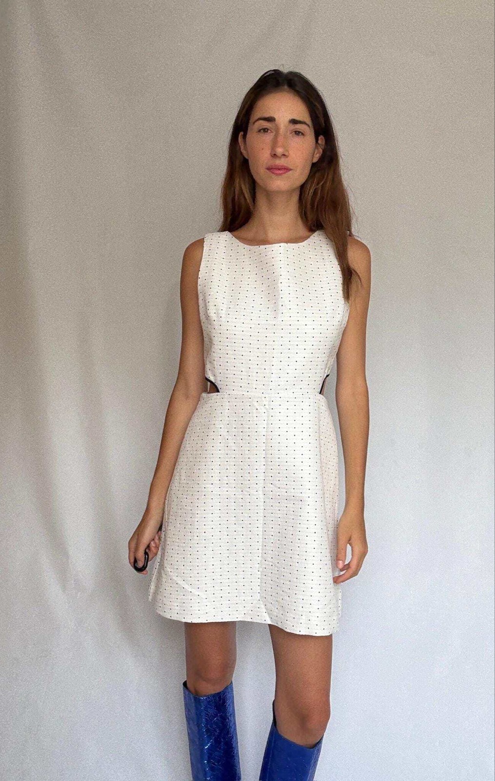 Cotton mini dress with side cutouts, Size US M, White outfit with navy dots