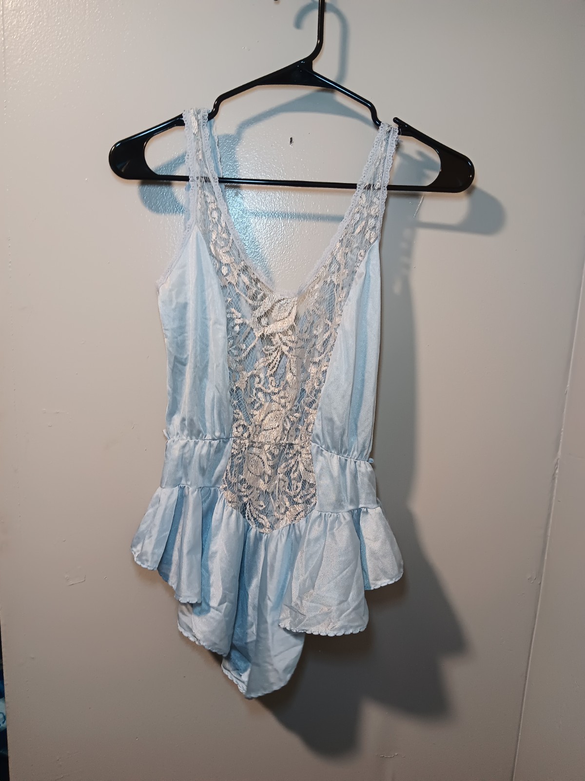 Vintage Flair Nylon Teddy One Piece Playsuit Romper Lace Ruffle Union Made Sz M