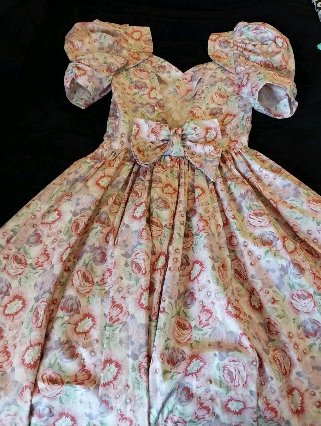 Vtg 1980s Laura Ashley Cottage-core Romantic Puff Sleeve Large Bow Tea Dress