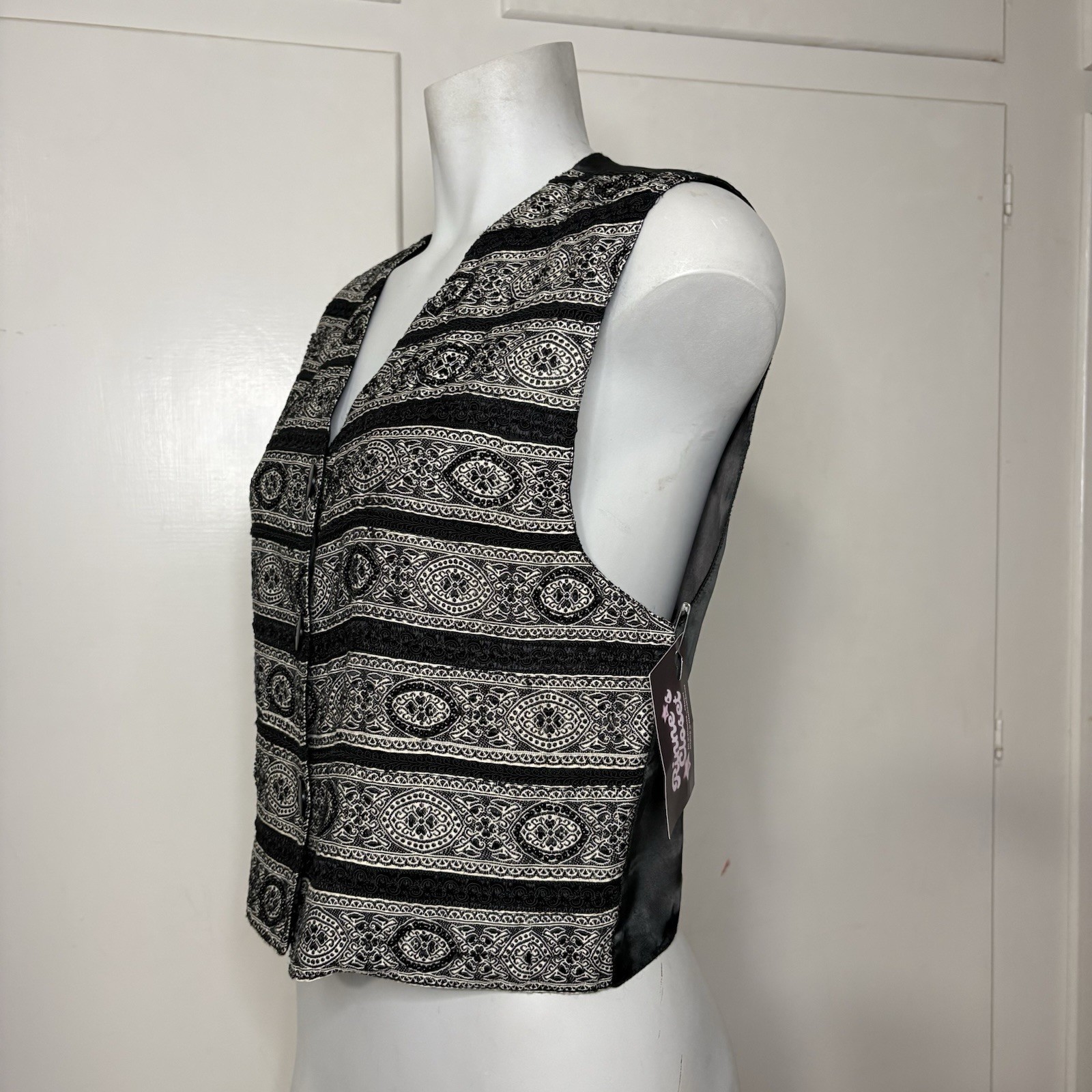 Vintage 90s Black White Embroidered and Beaded Tapestry Button Up Vest