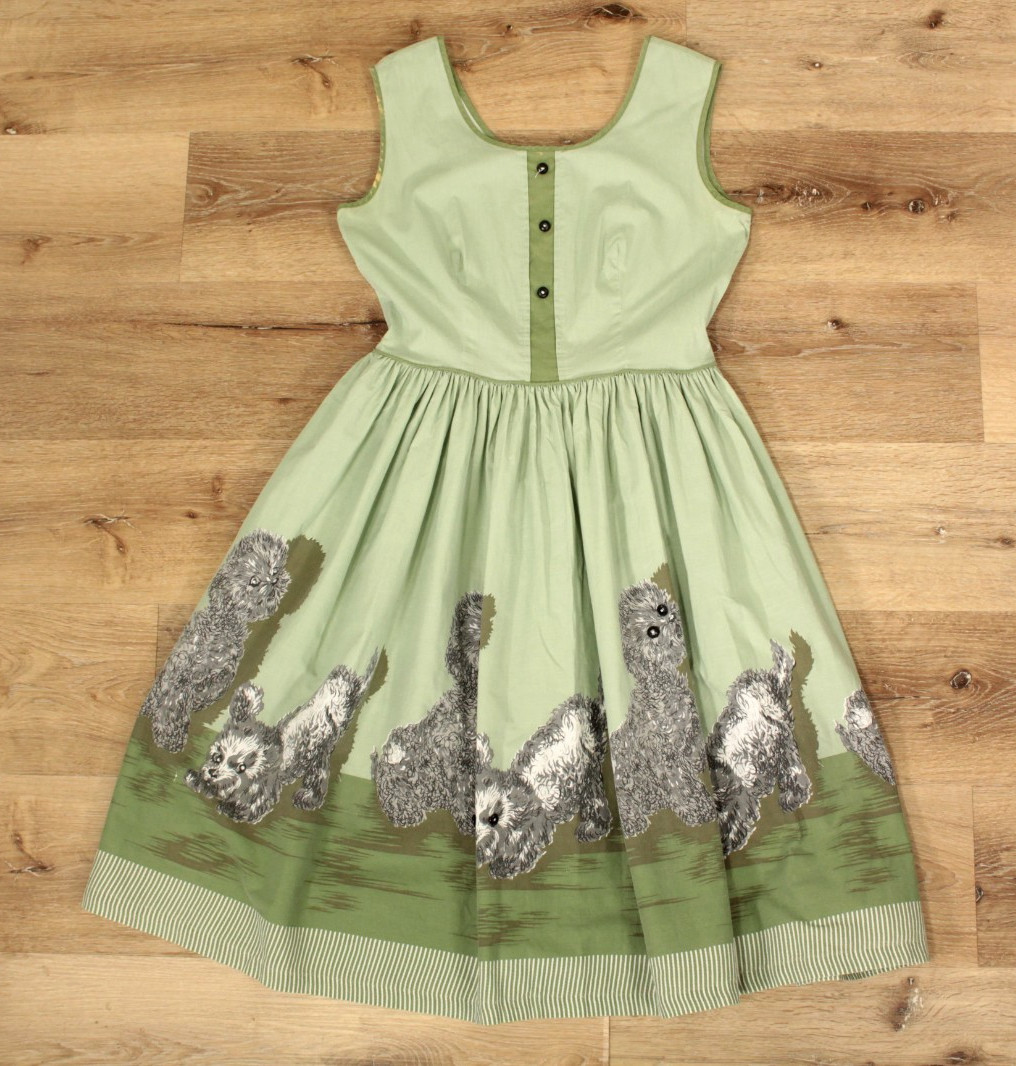 VTG Women’s 50s Sage Green Novelty Puppy Print Cotton Sun Dress S/M 1950s Dog