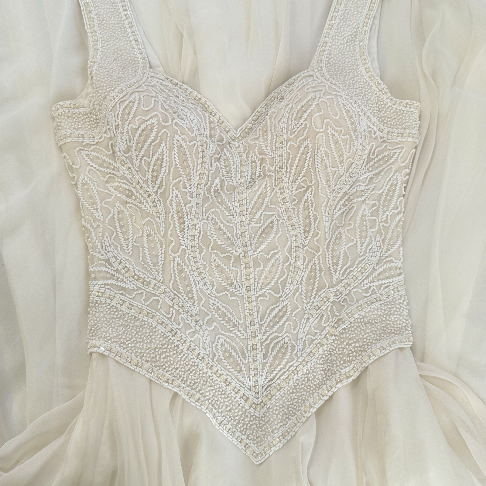 Vintage 100% Silk Cream Maxi Wedding Dress Bridal Wearable Art 80s Pearls Beaded