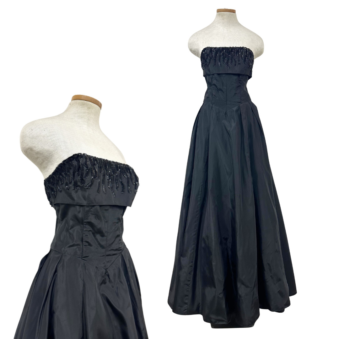 Vintage 1950s Black Taffeta Sequin Strapless Ball Gown
