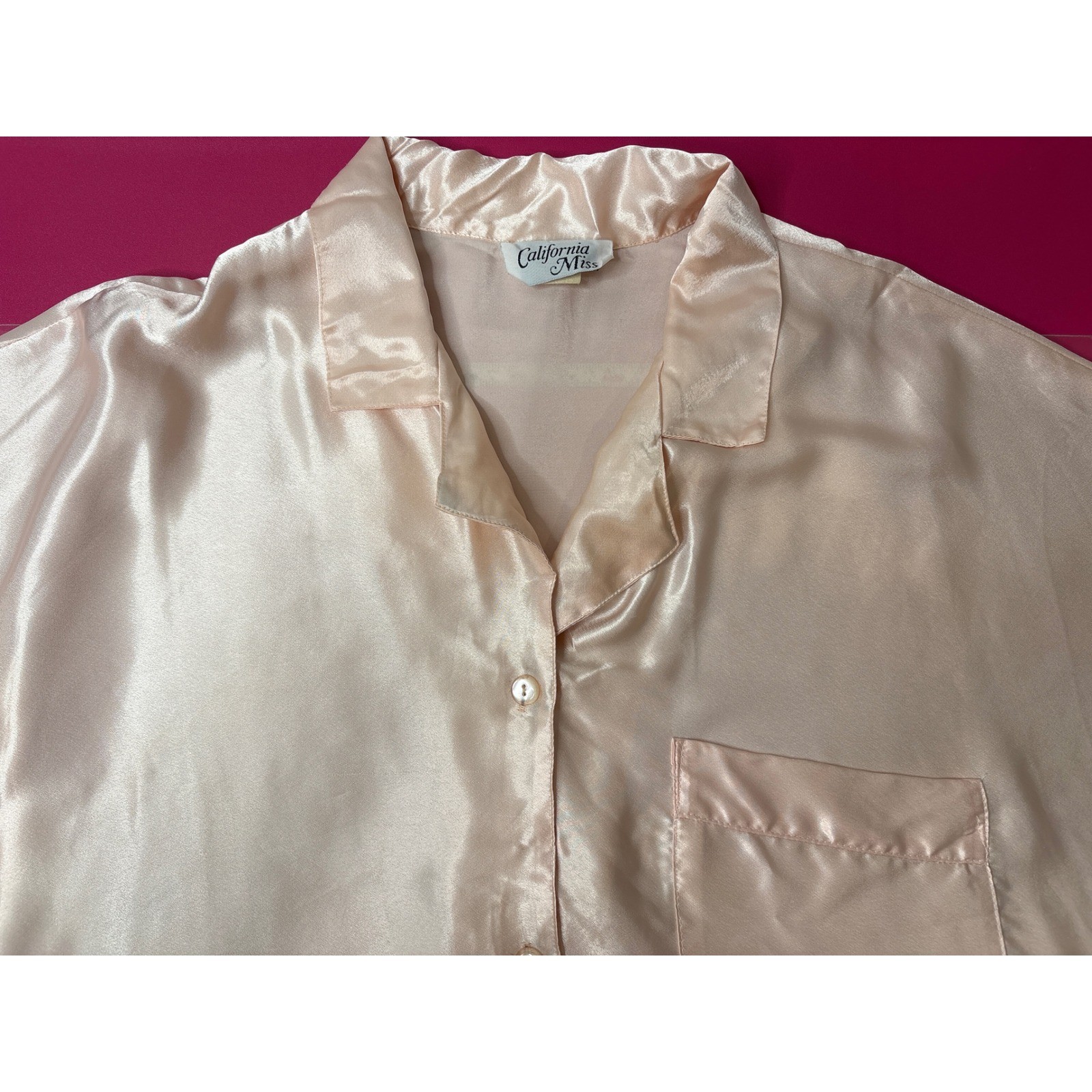 VTG 90s CALIFORNIA MISS Champagne Satin Button Down Pajama Top 2X Coquette Silky