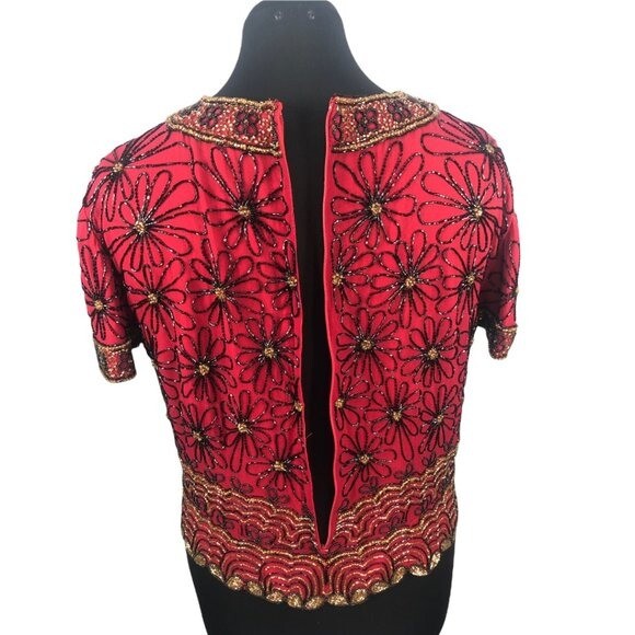 VTG Red/Black/Gold Stunning 90’s Adrianna Papell Evening Silk Beaded Top Sz XL
