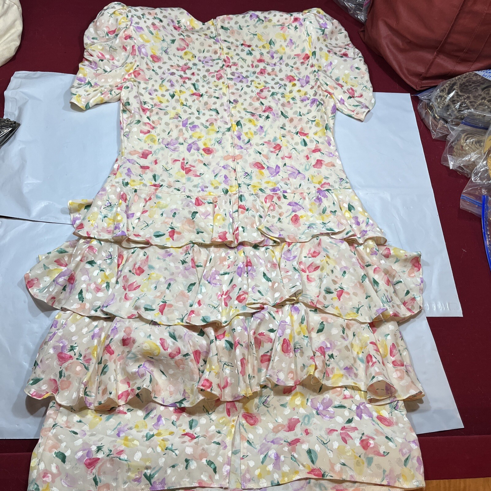 Floral SILK TIERED RUFFLES DRESS WHIMSY Fairy COQUETTE prairie Yellow Pink Sz 14