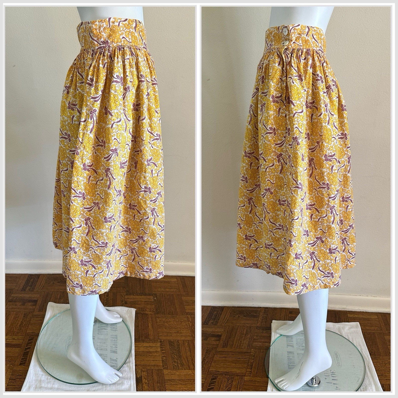 1930s 40s Feed Sack Skirt 28” Waist Yellow Floral Bows Fabric Cotton Prairie VTG