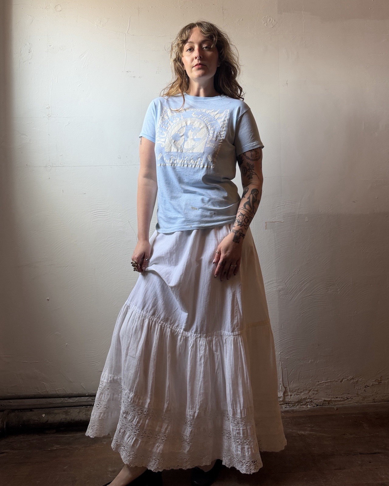 Antique Edwardian Cotton Lace Insert Tiered Skirt – M/L – 33” Waist