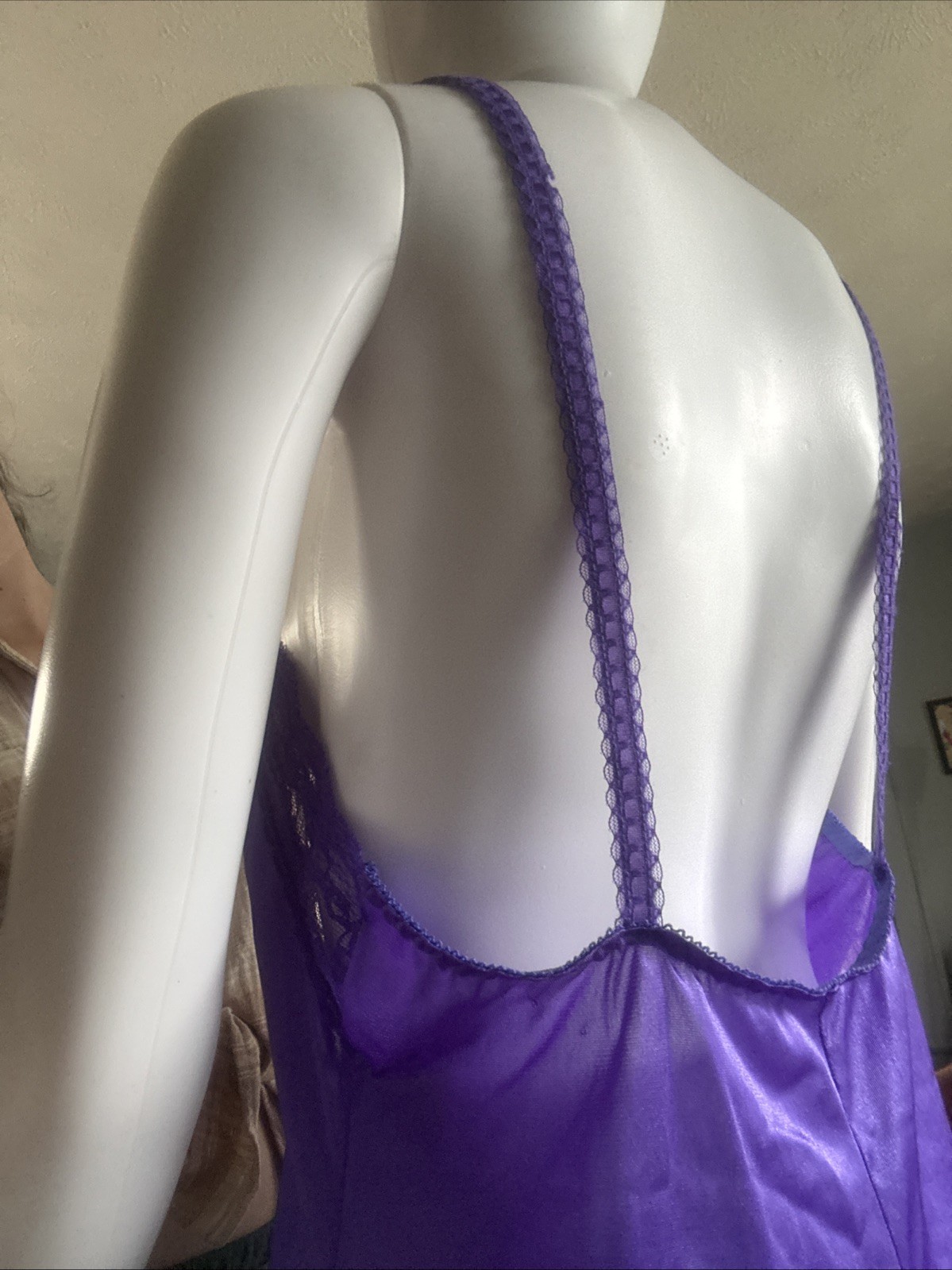 VTG Lingerie 80s 90s Medium Purple Nylon Unbranded Lace and Mesh Babydoll 32″