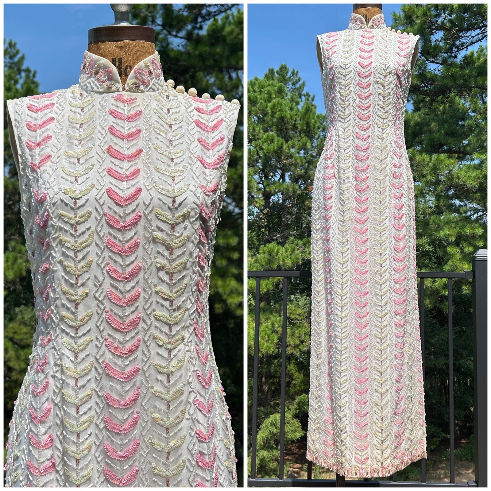 Vintage 50s/60s Julius Garfinckel Sequined Beaded Silk Couture Cheongsam Maxi