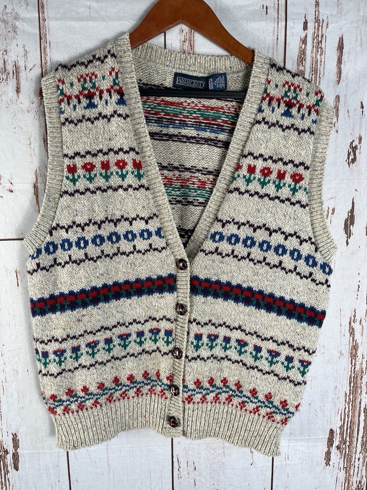 Vtg Lands End Wool Blend Vest Multi Floral Stripe Button Down Womens Large USA