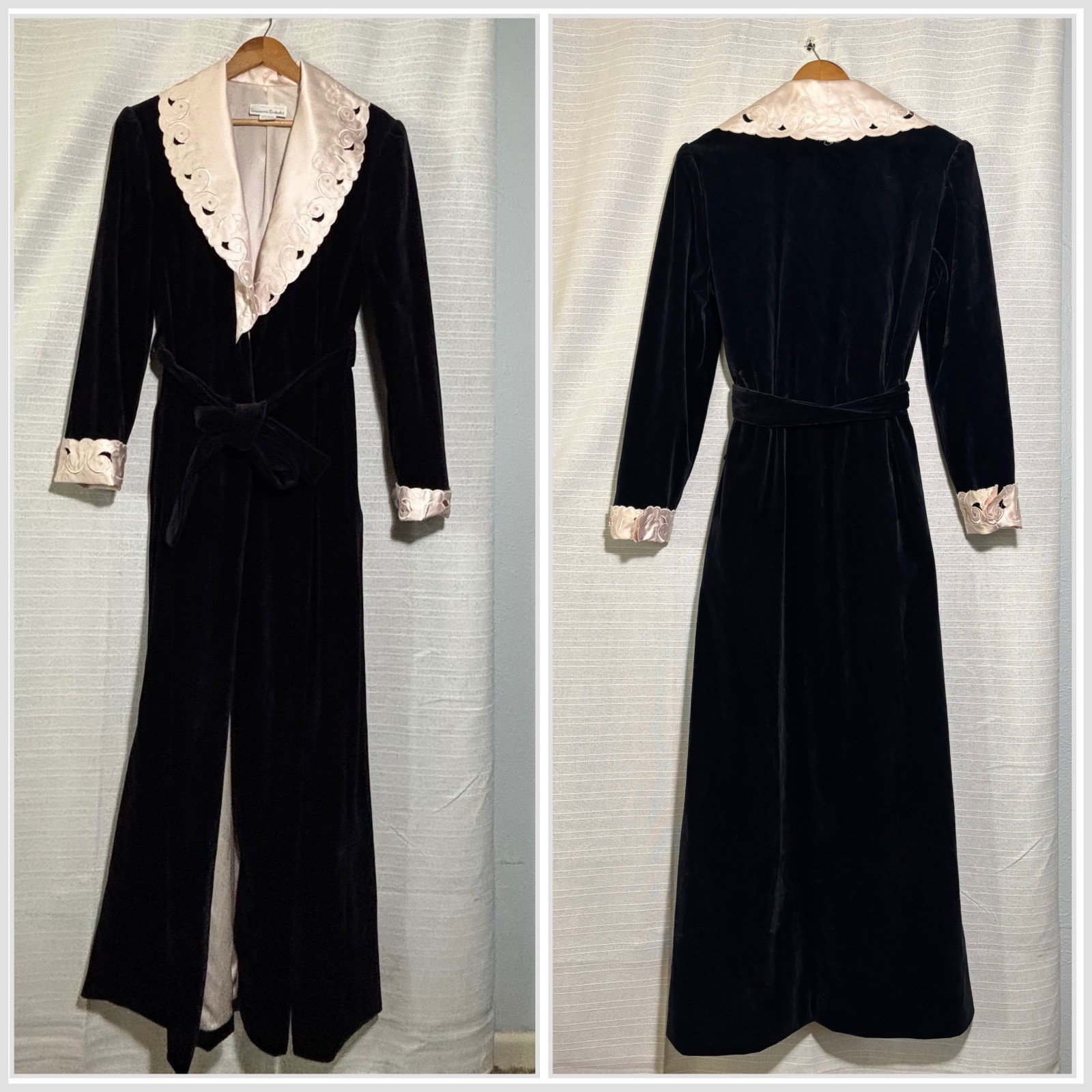 Vtg Georgette Trabolsi Velvet Robe Dressing Gown Arnel Pink Satin Cutwork Lg 50s