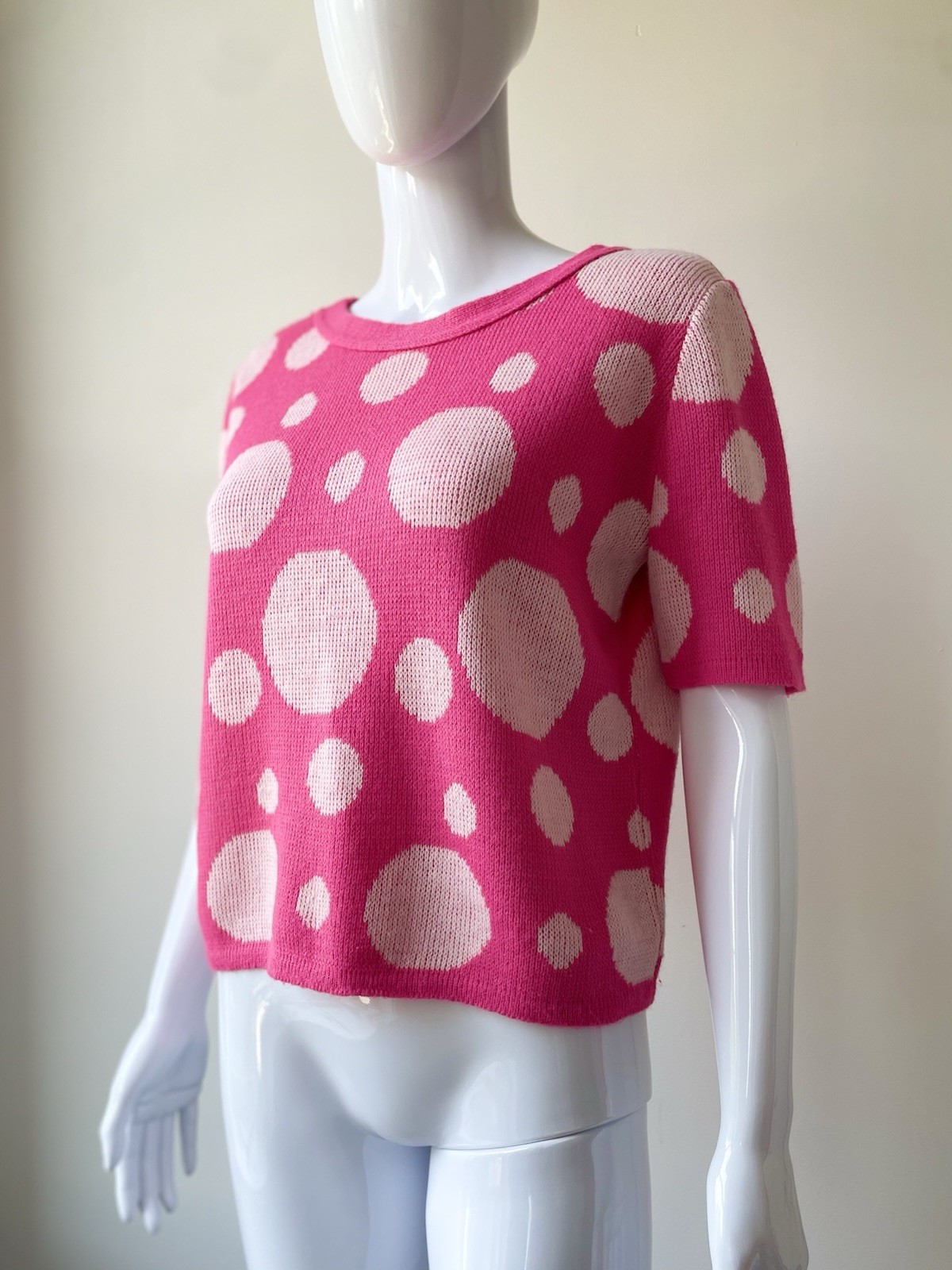 Vintage M L Sweater Top 60s Pop Art Cropped Hot Pink Polka Dot Bubbles VGUC