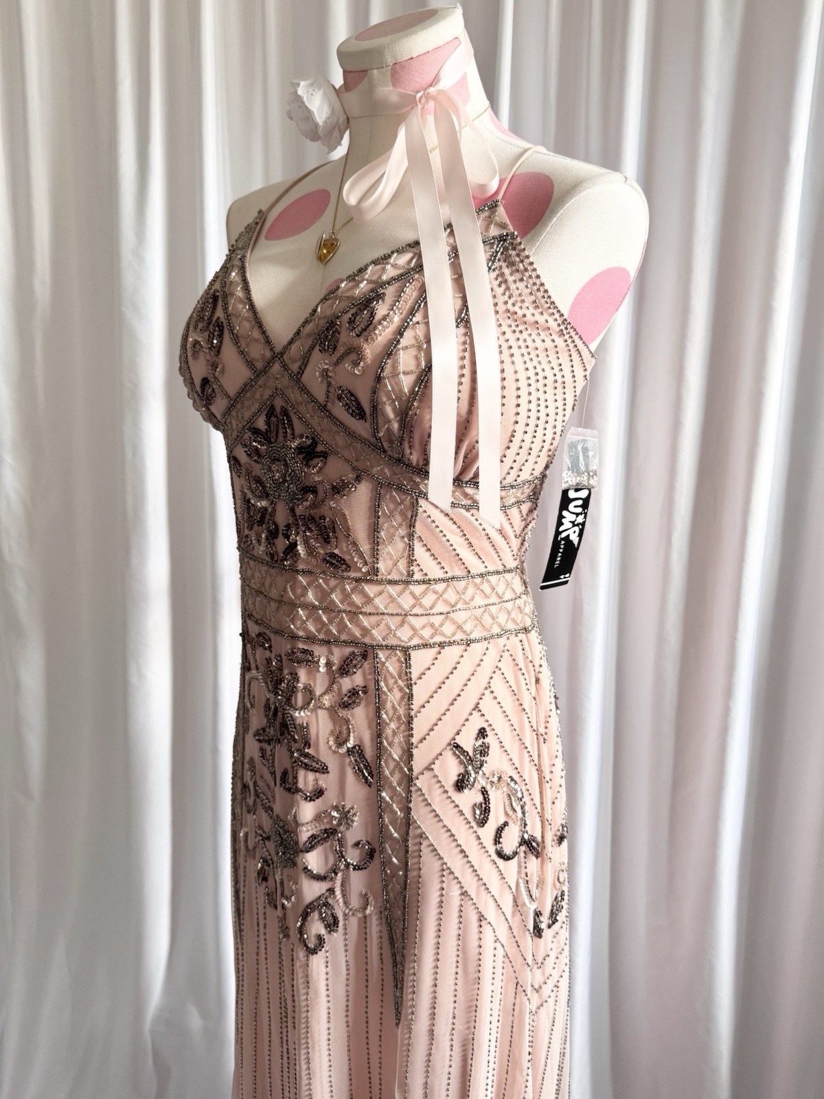 Vintage Pink Silver Fairy Beaded Sequin Ruffle Princess Formal Gown Dress 15/16