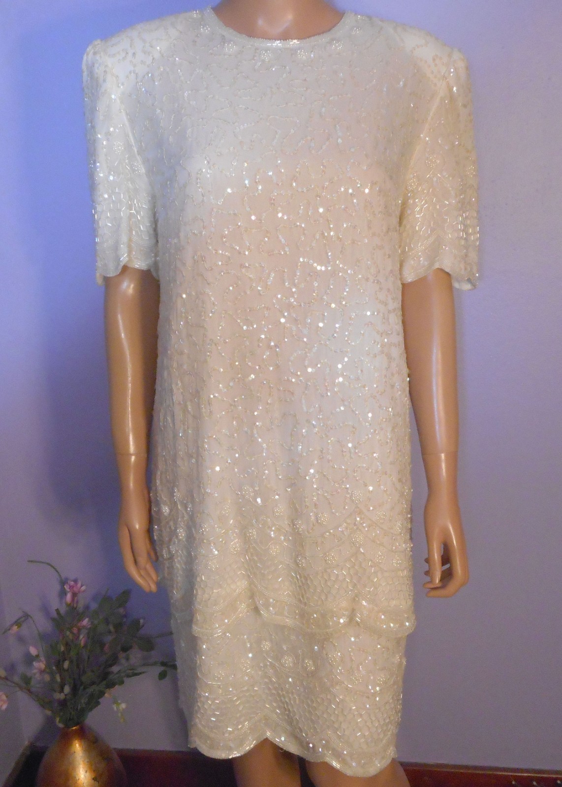 Vtg ‘80s Brilliante Winter White 100% Silk Sequined & Beaded Party Dress, L