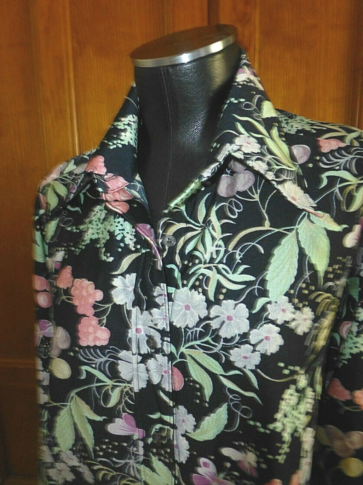 Vtg 70s Ship’n Shore FLORA FAUNA Print Nylon knit hippie Shirt BLOUSE TOP XL