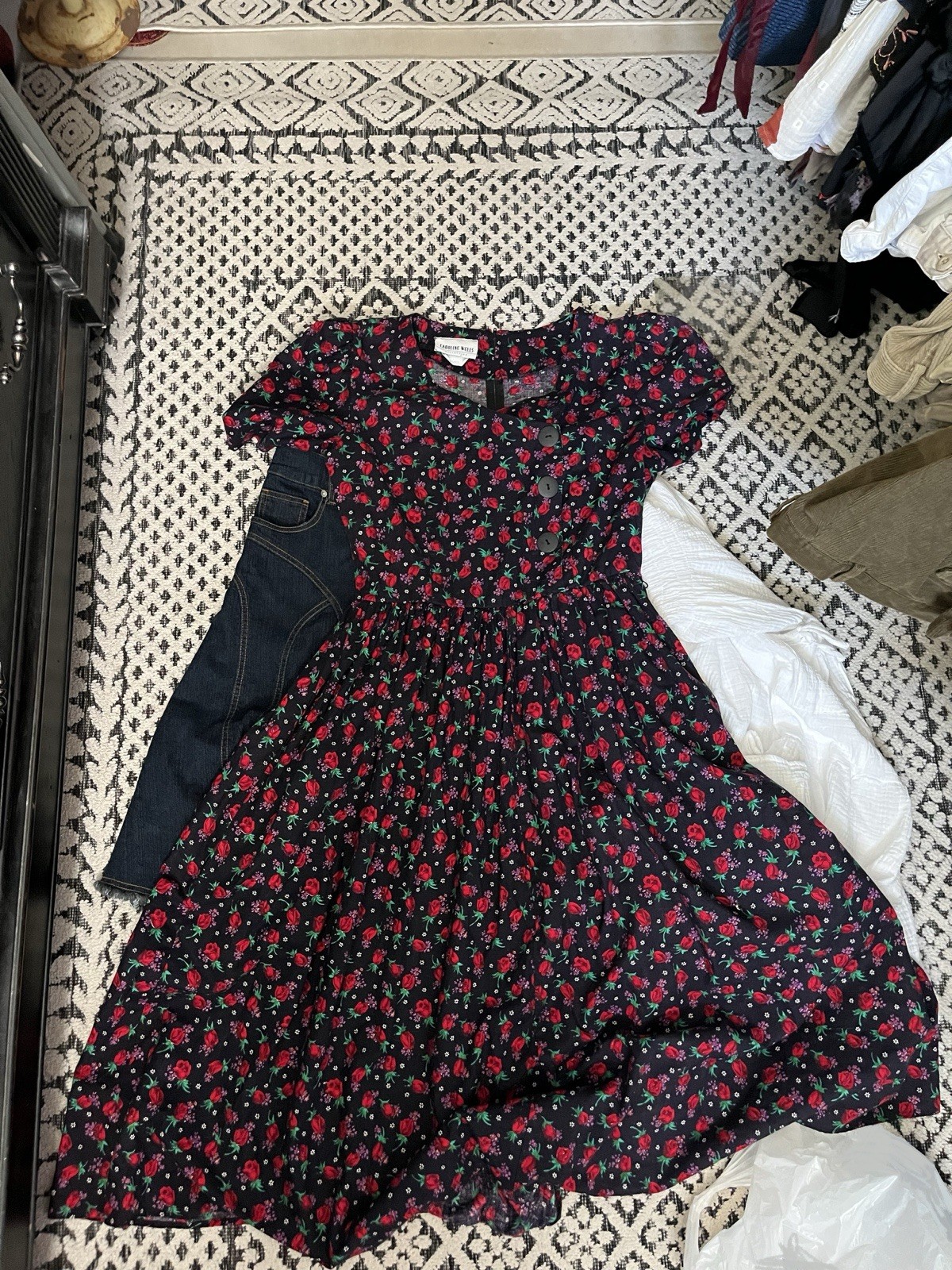80s Caroline Wells Vintage Floral Midi Dress with Shoulder Pads, tag size 12