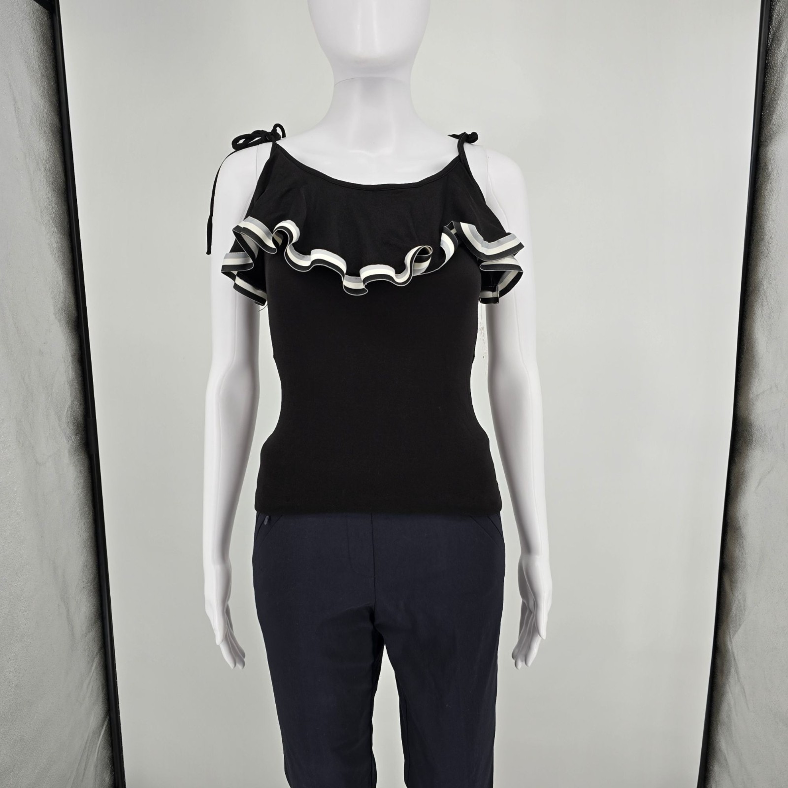 Vintage 1970s Women’s Black Stretch Knit Ruffle Flounce Disco Party Top (S)