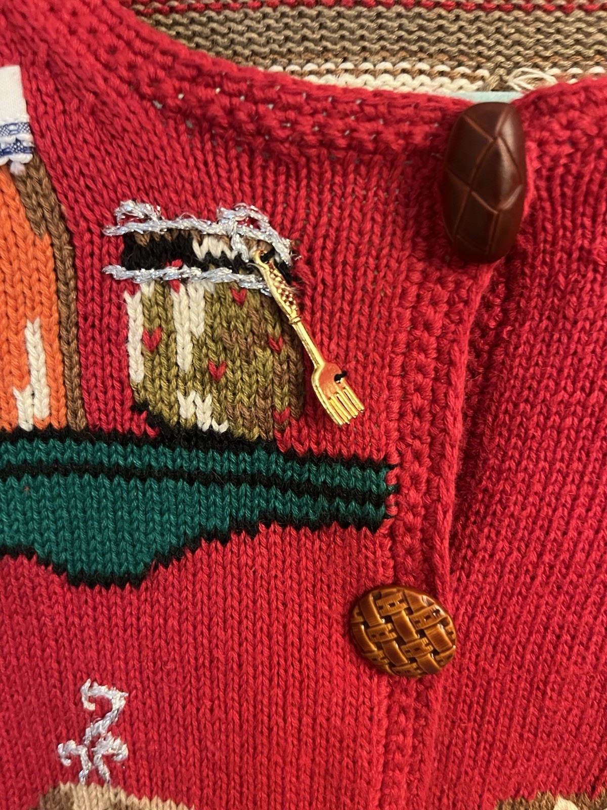 Vtg 90 Cardigan Sweater Susan Bristol Hand Knit Embroidery Kitchen Pie Baking L