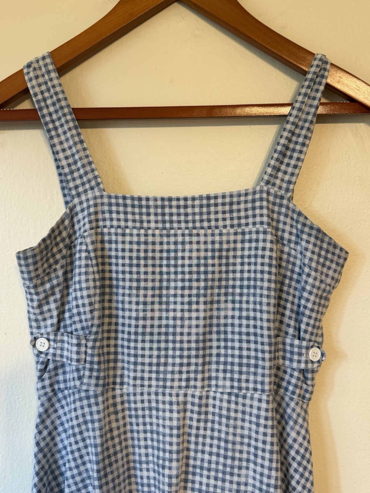 Vintage Gingham Midi Dress Blue White Check Farmhouse Cottagecore Handmade Dress