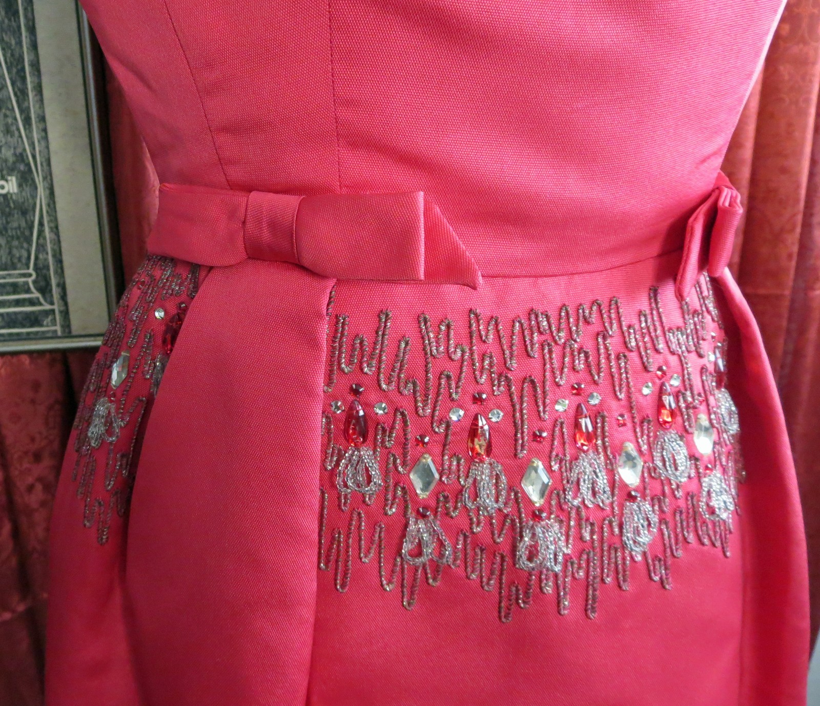 1950s 1960s Hot Pink 100% Silk Beaded Cocktail Party Dress Marjorie Michael S