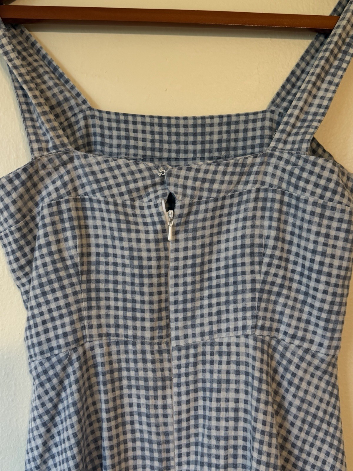 Vintage Gingham Midi Dress Blue White Check Farmhouse Cottagecore Handmade Dress